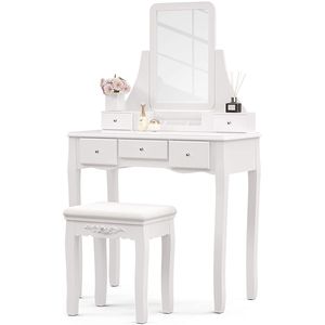Mecor White Makeup Vanity <b>Set</b> with Square <b>Mirror</b> Cushioned Stool 5 Drawers 3 Removable Divid Wood <b>Dressing</b> <b>Table</b> - Product Image 1