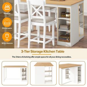 Set Tavolo da Pranzo in Legno Massello Stile Fattoria con Ripiani a 3 Livelli e 4-5 Sedie Imbottite - Product Image 2