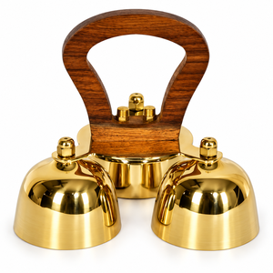 Campana Triple de Latón Hecha a Mano con Mango de Madera Curvado y Acabado Dorado Pulido para Ceremonias Religiosas y Decoración Tradicional - Product Image 6