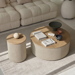 Minimalist Wood Coffee <b>Table</b> Set <b>Round</b> Nesting Design Ribbed Texture Modern Living Room Furniture <b>Side</b> <b>Table</b> - Product Image 5