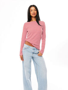 T-shirt rayé sans col à manches longues pour femme, col bateau, taille froncée, coupe ajustée, décontracté, usage quotidien, personnalisable - Product Image 2