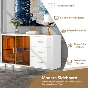 Credenza Moderna con Porte in Vetro Temperato Ambrato, Gambe in Metallo Dorato, Piano in Marmo Adesivo, Mobile Artigianale in MDF per Soggiorno - Product Image 4