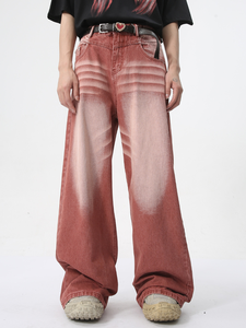 Pantalon en jean délavé style vintage coupe droite pour homme et femme, style streetwear avec boutons décoratifs, toutes saisons - Product Image 1