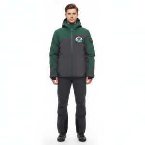 Men's Green Gray Hooded Puffer Jacket Waterproof Color Blocking Patch Design <b>Winter</b> Sporty Outerwear - Product Image 2