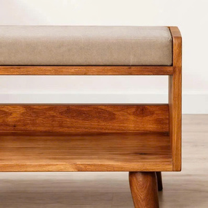 Banc de rangement pour chaussures en bois de manguier écologique moderne avec siège en lin, capacité de 11 paires, design scandinave - Product Image 3