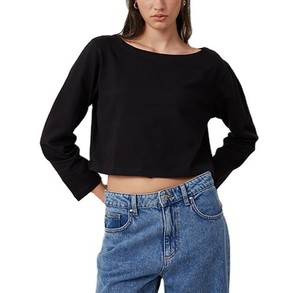 Camiseta de Punto Personalizada para Mujer, Color Negro Sólido, Manga Larga, Cuello Redondo, Corte Recortado, Ajuste Holgado, Informal, para Todas las Temporadas, 100% Algodón Transpirable - Product Image 1