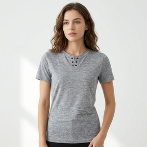 T-shirt Henley à manches courtes pour homme, gris, coupe ajustée, respirant, tricoté, décontracté, couleur unie, col rond - Product Image 5