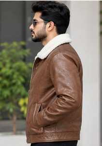 <b>Men's</b> <b>Brown</b> <b>Leather</b> <b>Jacket</b> With Faux Fur Zipper Closure - Product Image 4