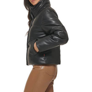 Veste matelassée en cuir PU noir, col montant, fermeture éclair, coupe-vent, courte, d'hiver, unisexe, style décontracté - Product Image 2