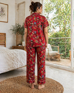 Red Floral Hand Block Print Pajama Set Women Short Sleeve Shirt Long <b>Pants</b> Casual Nightwear Handmade Cotton Sleepwear Loungewear - Product Image 2