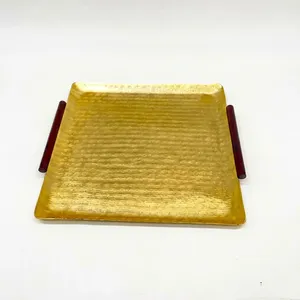 Square Gold Serving <b>Tray</b> With <b>Wooden</b> Handles Polish Finish For Home Hotel Use At Bulk Customization Available From <b>White</b> Royals - Product Image 1