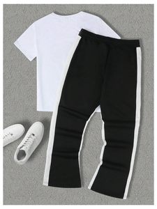 Ensemble de survêtement 2 pièces pour homme : T-shirt à manches courtes avec motif lettres et pantalon de survêtement évasé à cordon de serrage - Product Image 2