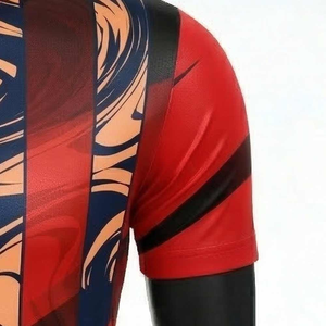 Camiseta de Manga Corta con Cuello Redondo y Estampado de Rayas Rojas, Negras y Naranjas para Hombre, de Secado Rápido, Tejida, Deportiva y Ajustada - Product Image 4