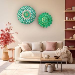 Handmade Metal <b>Wall</b> Decor Circular Bohemian Floral Art 2Pcs Hanging Home Accent Green Plant Pattern - Product Image 6