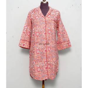 Indian <b>Boho</b> Women's Casual Dresses 100% Cotton Knitted Floral Print Long Sleeve V-Neck Bodycon Eco-Friendly Washable Button Dry - Product Image 1