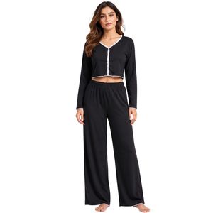 Manufacturer <b>Black</b> Women Long Sleeve Crop Lounge <b>Set</b> Soft Knit Button Front Cardigan Wide Leg <b>Pajama</b> Pants Sleepwear OEM Apparel - Product Image 1