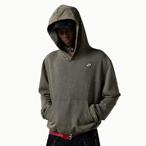 Sweat-shirts à capuche oversize en molleton de coton lavé avec strass pour hommes, style streetwear, finition vintage, vente en gros - Product Image 2
