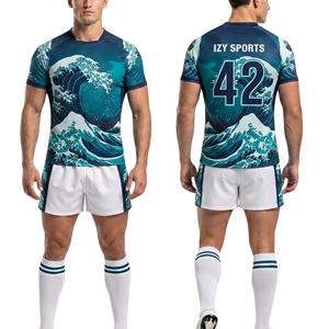 Tenues de rugby à motif vague japonaise, tissu athlétique à séchage rapide, ensemble d'uniformes de rugby personnalisés sublimés - Product Image 1