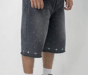 Shorts en jean pour homme avec strass, shorts en jean déchirés, ornés de cristaux, coupe slim, streetwear décontracté, mode estivale - Product Image 5