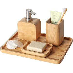 4 Piece Bamboo Bathroom Accessories Set Square <b>Soap</b> <b>Dispenser</b> <b>Toothbrush</b> <b>Holder</b> <b>Soap</b> Dish Tray Eco Friendly - Product Image 1