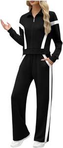 Ensemble 2 pièces pour femme, veste zippée à rayures noires et blanches avec pantalon large, tenue décontractée, athlétique, streetwear, service OEM - Product Image 3