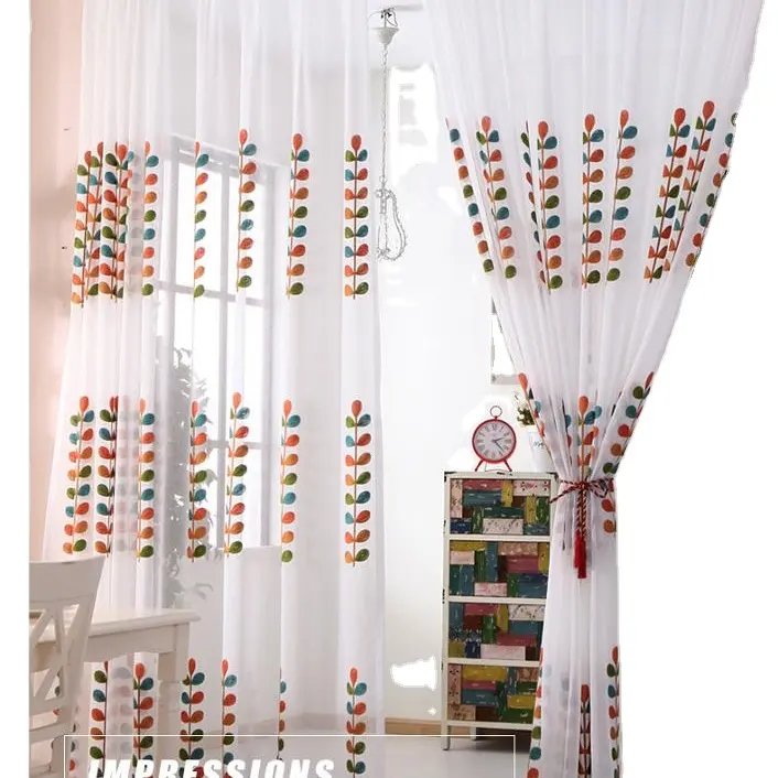 Embroidered Colour Leaves String Desgin Polyester Fabric Gauze for Screening Window Curtain DIY Sewing