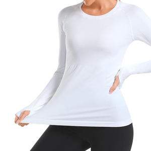 Camiseta de Yoga de Manga Larga Blanca para Mujer, Cuello Redondo, Color Sólido, Transpirable, Ropa Deportiva, Corte Regular, Manga Completa - Product Image 6