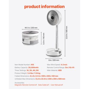 8-Inch Portable Wearable 3-in-1 Foldable Rechargeable Oscillating Fan <b>Battery</b> <b>Operated</b> Remote Control Quiet Desk/Table Fan - Product Image 3