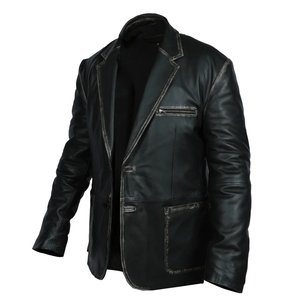 Men's Black <b>Leather</b> Single Breasted Notched Collar <b>Blazer</b> Regular Fit Windproof Woven <b>Jacket</b> - Product Image 3