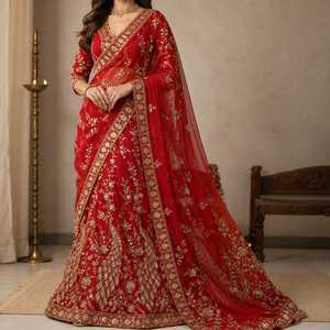 Premium <b>Red</b> Viscose Georgette Embroidered Traditional <b>Saree</b> Peacock Motif Luxury Designer Wrinkle Free Wedding Party Wear - Product Image 1