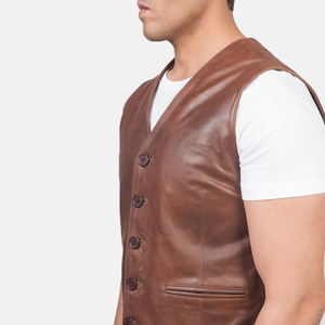 Gilet en cuir véritable pour homme, décontracté, à boutonnage simple, couleur unie, vêtement d'extérieur d'automne, sans col - Product Image 6