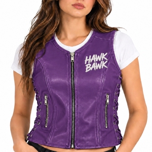 Chaleco de cuero para mujer, estilo sin mangas, cierre con cremallera frontal, bolsillos laterales, diseño frontal con estampado Hawk Bank, bolsillos laterales con cremallera - Product Image 1