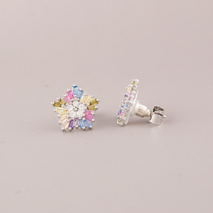Flower Shape Stud Earrings with Multicolor Diamonds 925 Silver Women's Cute Party Wear <b>for</b> Certified Jewelry - Product Image 2