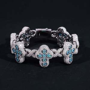 Pulsera de Plata 925 con Baño de Rodio, Diseño de Flor Estilo Hiphop de Lujo, con Cadena de Eslabones y Cristales Azules para Mujer, Uso Diario - Product Image 2