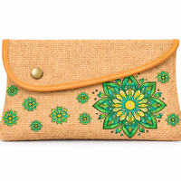 Pochette enveloppe en jute écologique avec imprimé mandala vert, faite à la main, réutilisable, trousse de maquillage de voyage