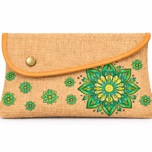 Pochette enveloppe en jute écologique avec imprimé mandala vert, faite à la main, réutilisable, trousse de maquillage de voyage - Product Image 1