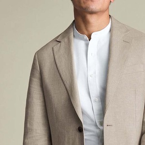 Blazer pour homme en mélange de lin et de coton beige, à col cranté, coupe classique, respirant, style britannique, tissu tissé - Product Image 3