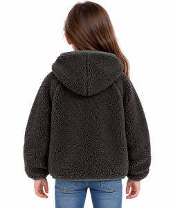 Veste à capuche doublée en polaire sherpa gris anthracite pour enfants, chaude, hiver, fermeture éclair intégrale, Teddy Borg, confortable et moelleuse, pour filles et garçons - Product Image 3