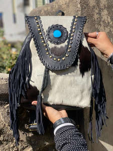 Mochila de cuero de piel auténtica hecha a mano para el pelo, mochila de piel de vaca auténtica Unisex, mochila occidental con flecos, bolsas con cordón - Product Image 2