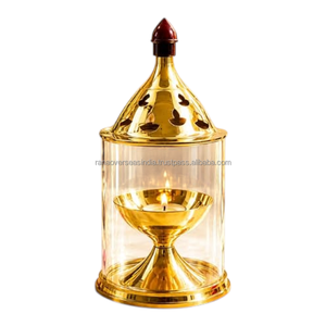 Akhand Diya Tradicional Contemporáneo de Latón con Cilindro de Vidrio, Cúpula Dorada y Base Redonda para Rituales de Pooja y Exhibición Religiosa - Product Image 1