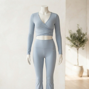 <b>Women</b> Light Blue Wrap Crop Top Yoga Set High Waist <b>Flare</b> <b>Leggings</b> Gym Fitness Workout Activewear Two Piece Set - Product Image 1