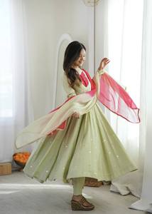 Costume Anarkali traditionnel vert clair pour femmes avec dupatta rouge, coupe ample, longueur cheville, en coton, vêtements décontractés, style Inde Pakistan - Product Image 5