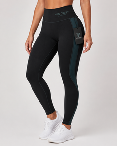 Leggings côtelés taille haute Vibe Craft, longueur intégrale, noir et vert, sportifs, extensibles, respirants, compressifs, vêtements de sport pour femmes - Product Image 1