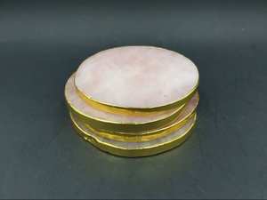 Rose Quartz Round <b>Coaster</b> Set With Natural Crystal Slice Design and Gold Finish For Luxury Home Decor Coffee <b>Table</b> and Drink Use - Product Image 3