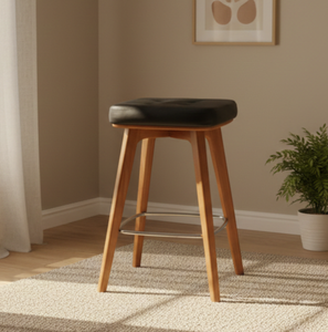 Chaise de bar artisanale avec assise en similicuir, pieds en bois, base en acier inoxydable, design mid-century pour bar à domicile ou usage commercial - Product Image 2