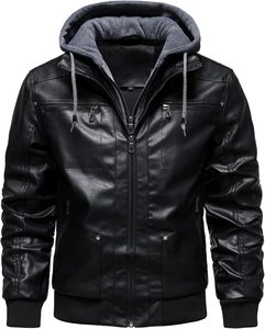 Chaqueta de Motociclista para Hombre, Negra, de Cuero PU, con Capucha, Cierre Frontal, Color Sólido, Invierno, Resistente al Viento, Manga Larga - Product Image 5
