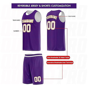 Maillot de basket personnalisé pour hommes, ensemble de vêtements de sport entièrement sublimé, respirant, design athlétique, violet, blanc, jaune, équipe personnalisée - Product Image 3