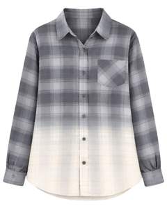 Camisa de Franela a Cuadros Gris Degradado Personalizada para Mujer, Manga Larga, Cierre de Botones, Estilo Casual, Mezcla de Algodón, Blusa para Otoño e Invierno - Product Image 1