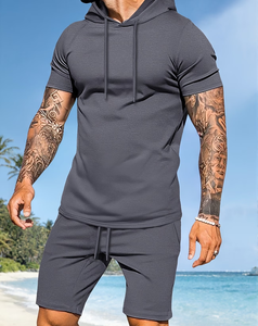 Men's Hooded Short Sleeve T-Shirt Shorts Set Solid Color Casual Sportswear Summer Quick Dry Knitted French Terry Soft - Product Image 1