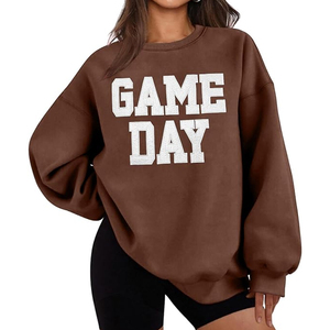 Women's Oversized Crew Neck <b>Sweatshirt</b> Game Day Letter Print Brown Cotton Drop Shoulder Long Sleeve Casual Playful & <b>Cute</b> Winter - Product Image 1